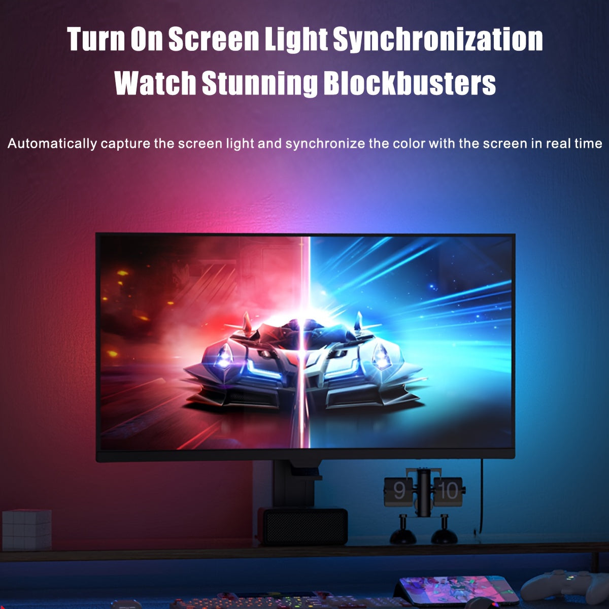 RGB Ambilight Sync Strip Lights for 24/27 Inch Screens - USB Powered LED Atmosphere Light Bar with Multiple Control Modes, Fantasy Color Screen Lighting