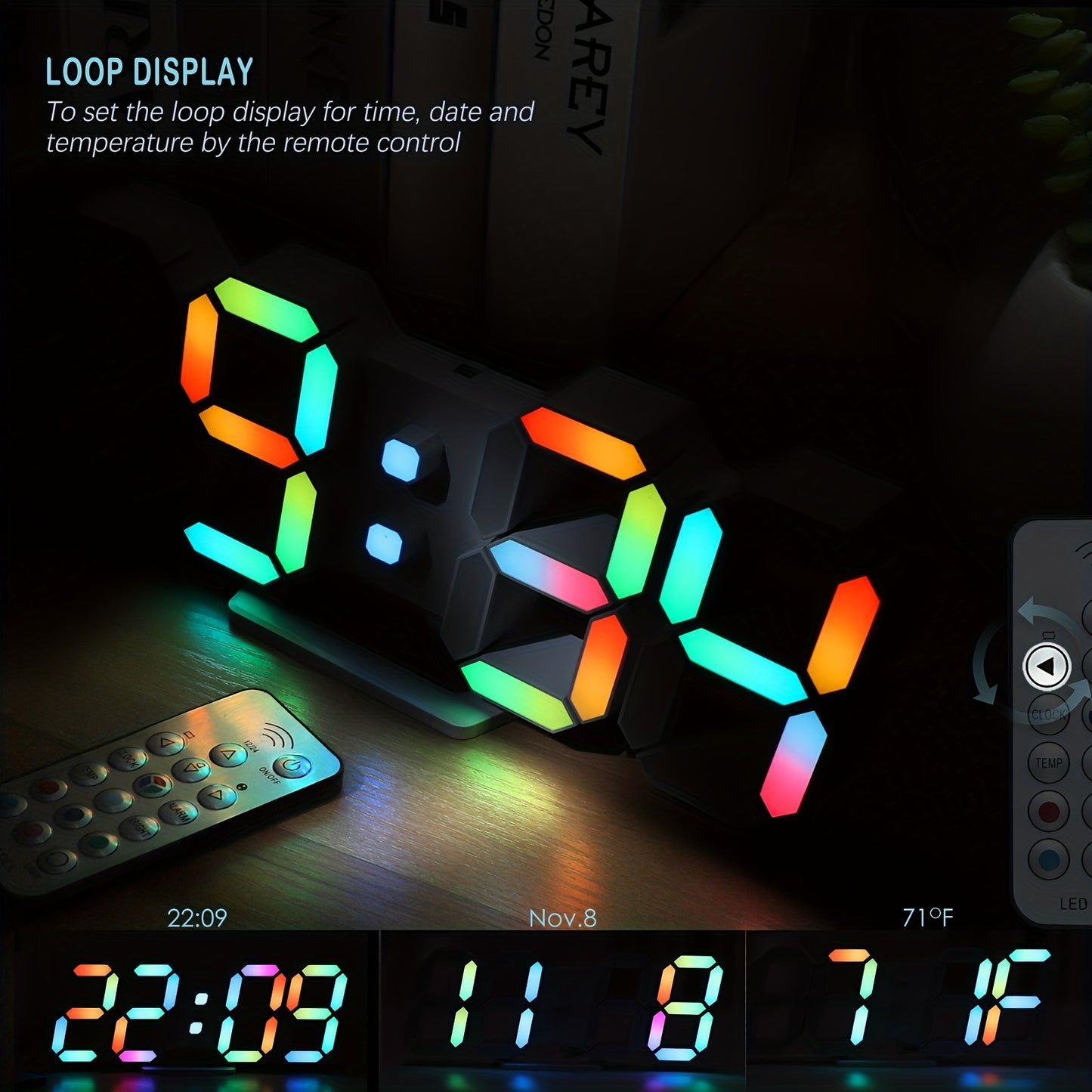 1pc RGB Neon LED Clock 9.7" Digital Wall Clock Large Display Aesthetic Alarm Clock For Bedroom Living Room, Colorful, Remote Control, Brightness Adjustable, Date/Temperature