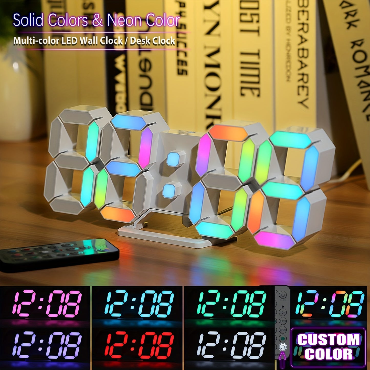 1pc RGB Neon LED Clock 9.7" Digital Wall Clock Large Display Aesthetic Alarm Clock For Bedroom Living Room, Colorful, Remote Control, Brightness Adjustable, Date/Temperature