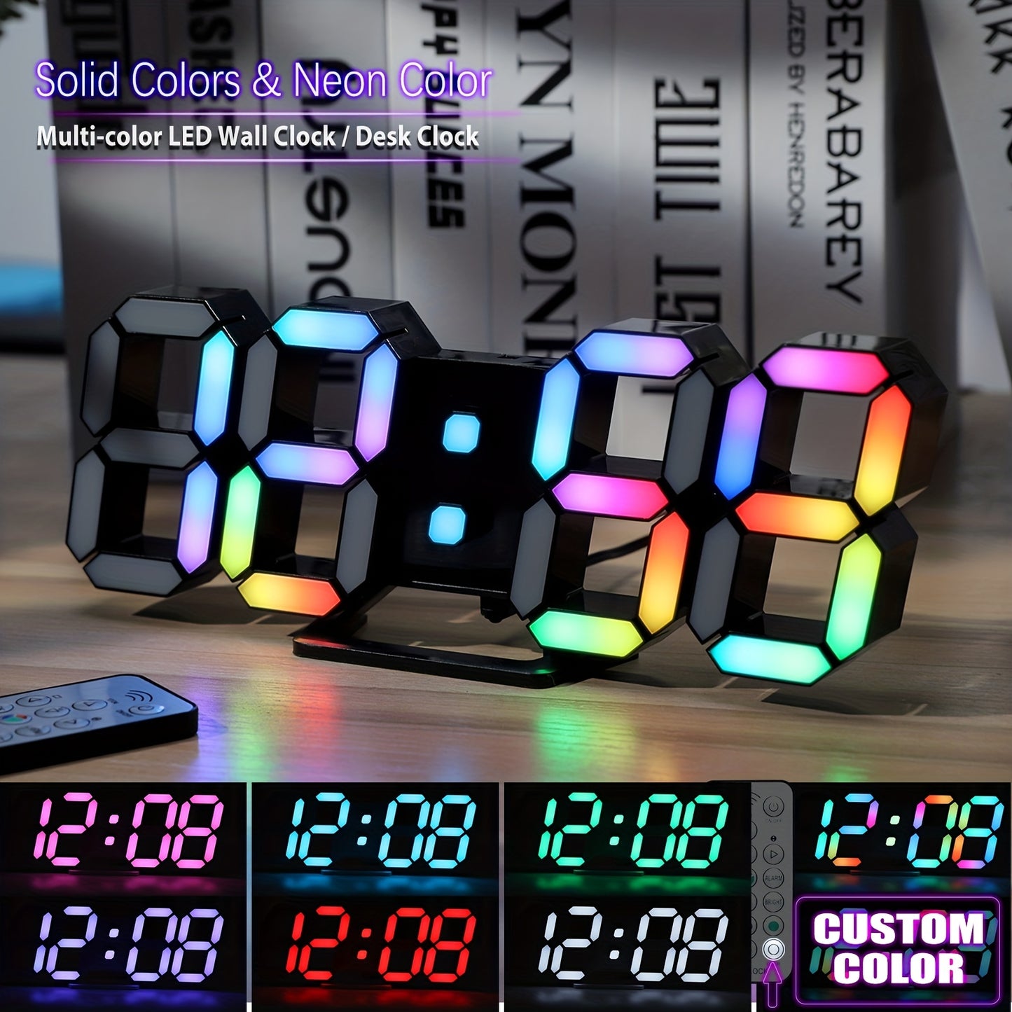 1pc RGB Neon LED Clock 9.7" Digital Wall Clock Large Display Aesthetic Alarm Clock For Bedroom Living Room, Colorful, Remote Control, Brightness Adjustable, Date/Temperature