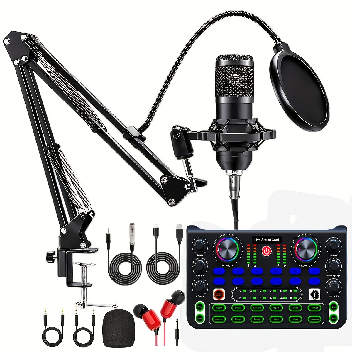 Complete Podcasting Starter Kit with BM800 Mic, Live Sound Card, Voice Changer & Audio Interface - Perfect for Recording, Singing, Streaming & Gaming