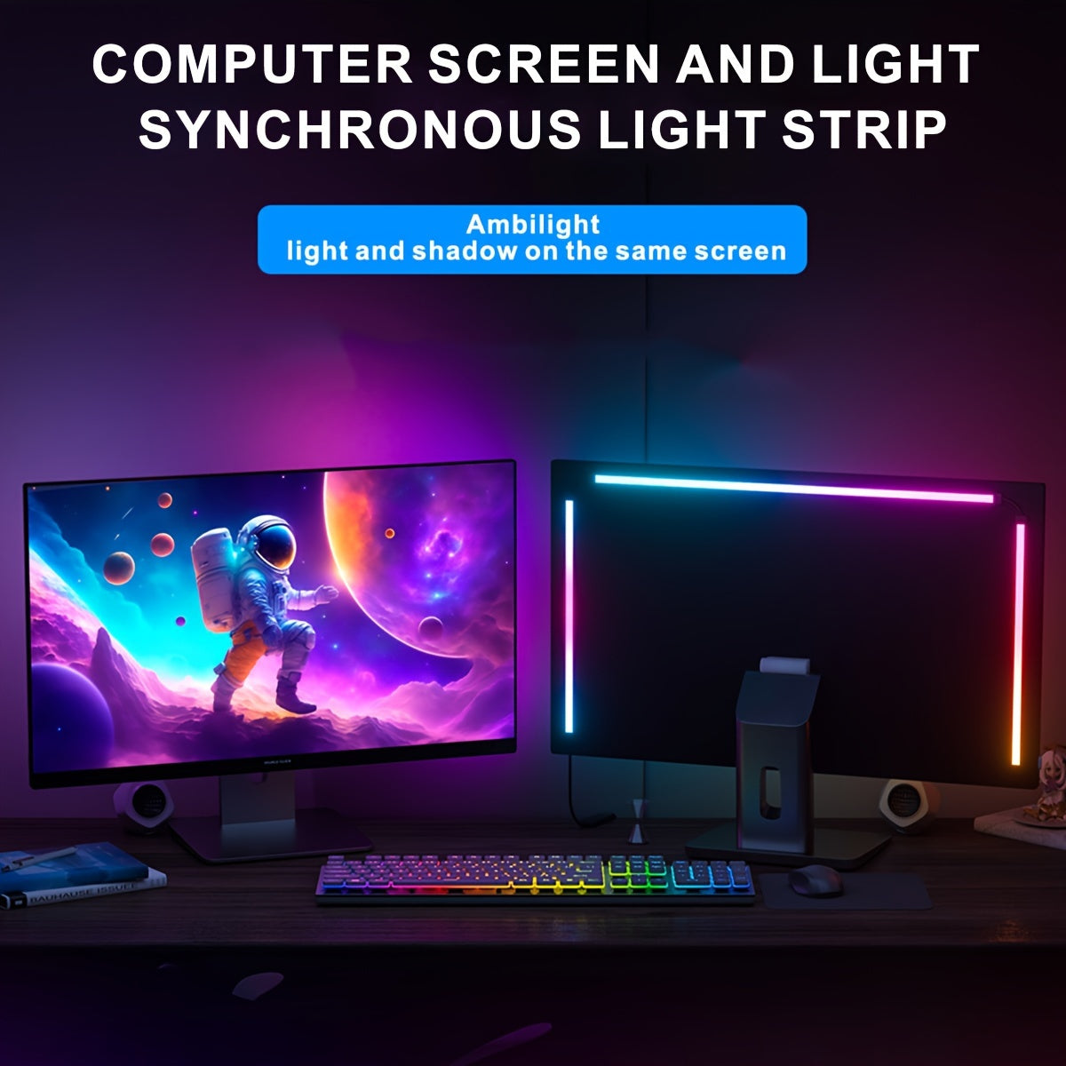 RGB Ambilight Sync Strip Lights for 24/27 Inch Screens - USB Powered LED Atmosphere Light Bar with Multiple Control Modes, Fantasy Color Screen Lighting