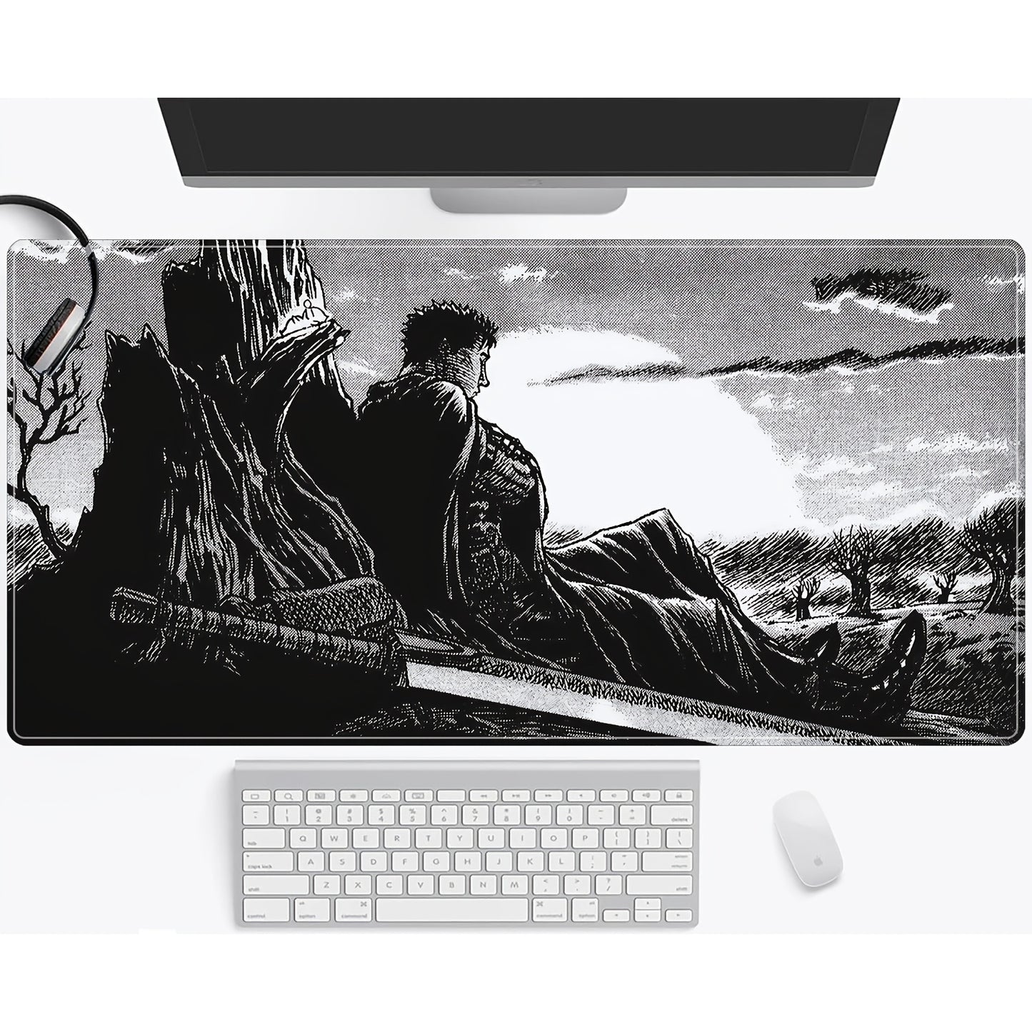 1pc Anime Berserker Large Mouse Pad - Desk Mat with Stitched Edges, Non-Slip Waterproof Rubber Base, Dark Twilight Sword Scene Design for Gamers and Computer Enthusiasts, Anime Mouse Pad