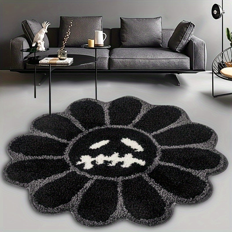 1pc WeRugz Tufted Round Area Rug with Smiling Face - Fluffy Polyester & TPR, Medium Pile, Non-Slip Rubber Backing, Machine Washable, Halloween Decor for Bedroom, Living Room, Indoor Use