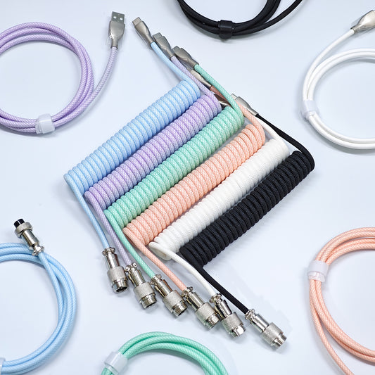 Coiled 59" USB-A to Type-C Braided Cable for Mechanical Keyboards - Durable Pilot Plug, Compatible with All Type-C Devices, Available in Multiple Colors