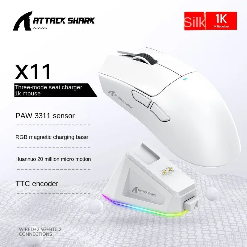 Attack Shark X11 PAW3311 Black Bluetooth Mouse, Triple Mode Connectivity, Touch Magnetic Charging Dock, Ultra-Light Gaming Mouse