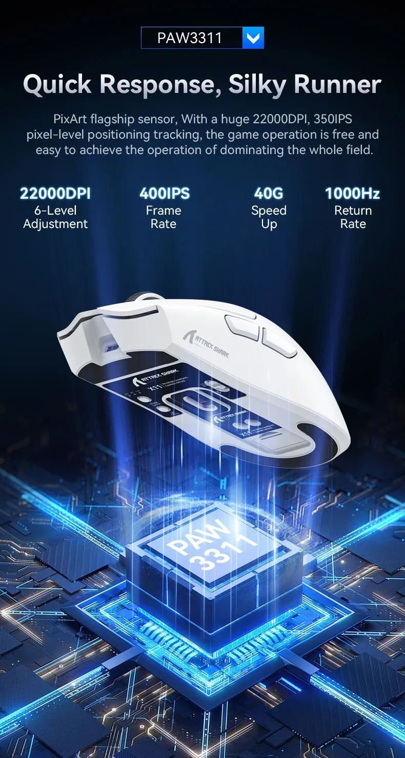 Attack Shark X11 PAW3311 Black Bluetooth Mouse, Triple Mode Connectivity, Touch Magnetic Charging Dock, Ultra-Light Gaming Mouse