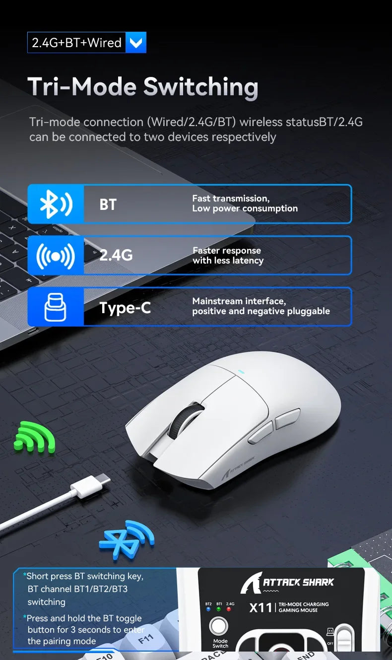 Attack Shark X11 PAW3311 Black Bluetooth Mouse, Triple Mode Connectivity, Touch Magnetic Charging Dock, Ultra-Light Gaming Mouse