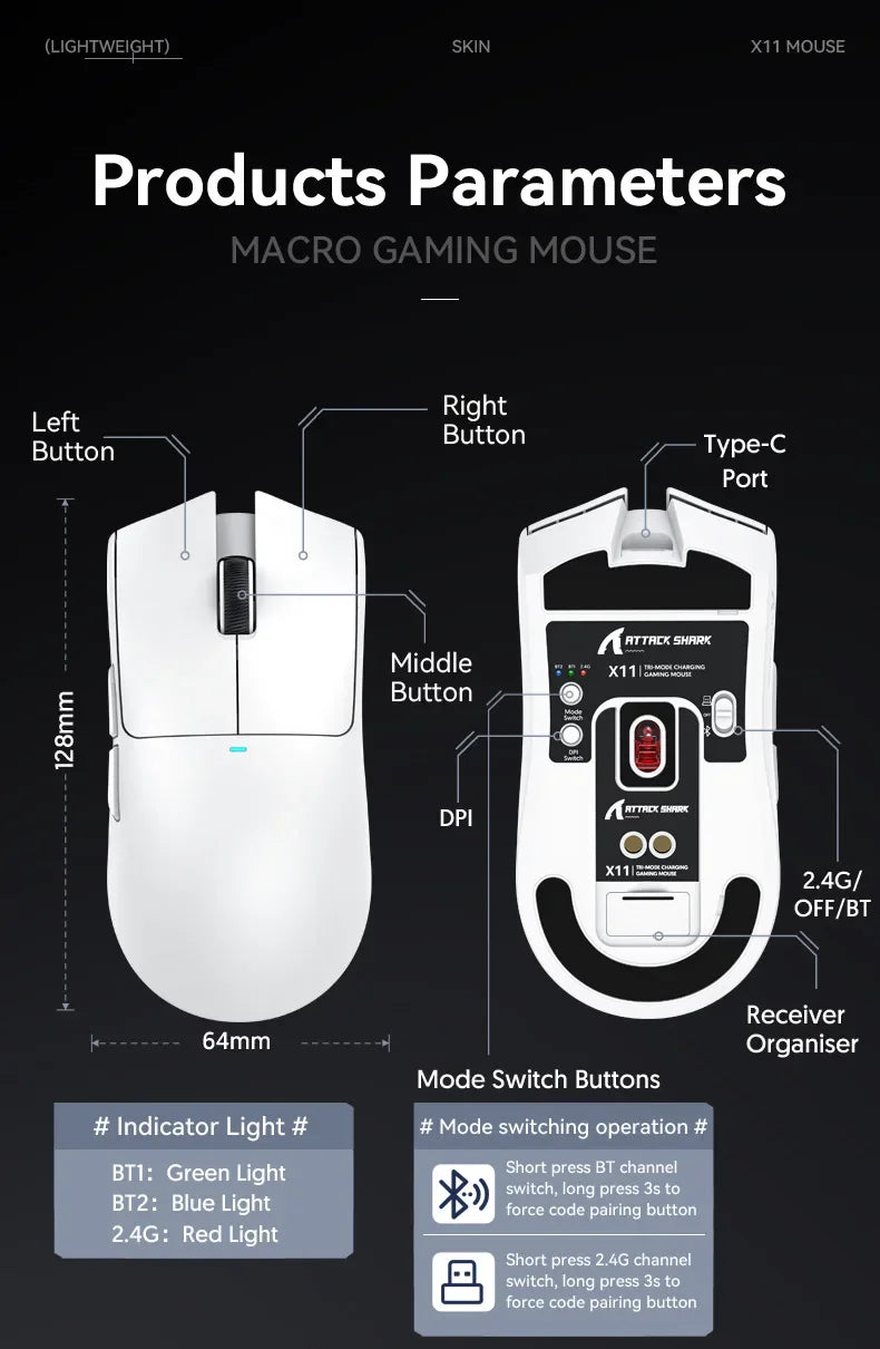 Attack Shark X11 PAW3311 Black Bluetooth Mouse, Triple Mode Connectivity, Touch Magnetic Charging Dock, Ultra-Light Gaming Mouse