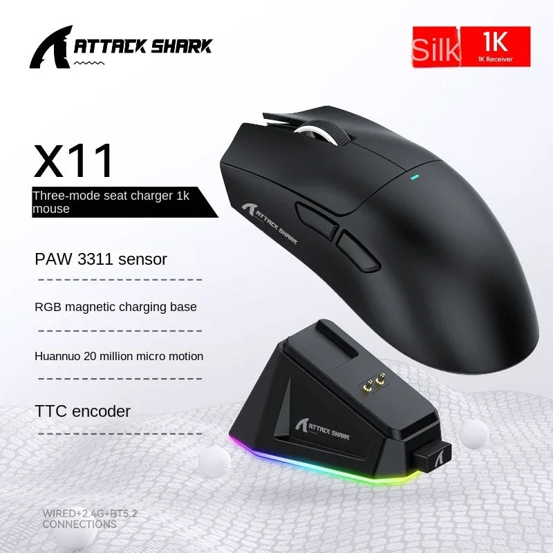 Attack Shark X11 PAW3311 Black Bluetooth Mouse, Triple Mode Connectivity, Touch Magnetic Charging Dock, Ultra-Light Gaming Mouse