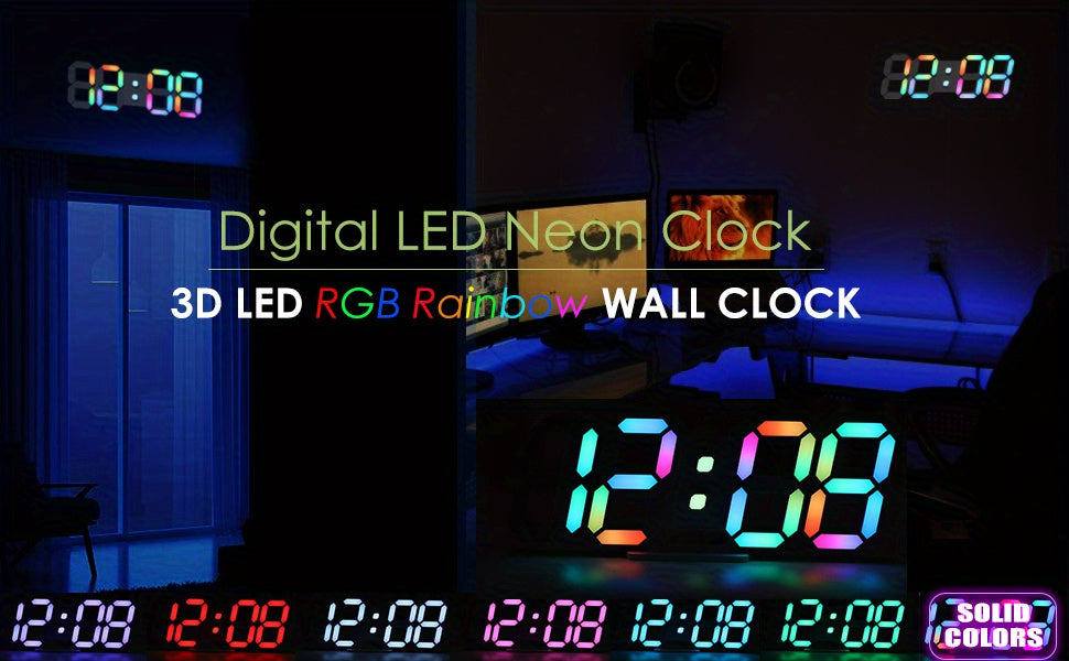 1pc RGB Neon LED Clock 9.7" Digital Wall Clock Large Display Aesthetic Alarm Clock For Bedroom Living Room, Colorful, Remote Control, Brightness Adjustable, Date/Temperature