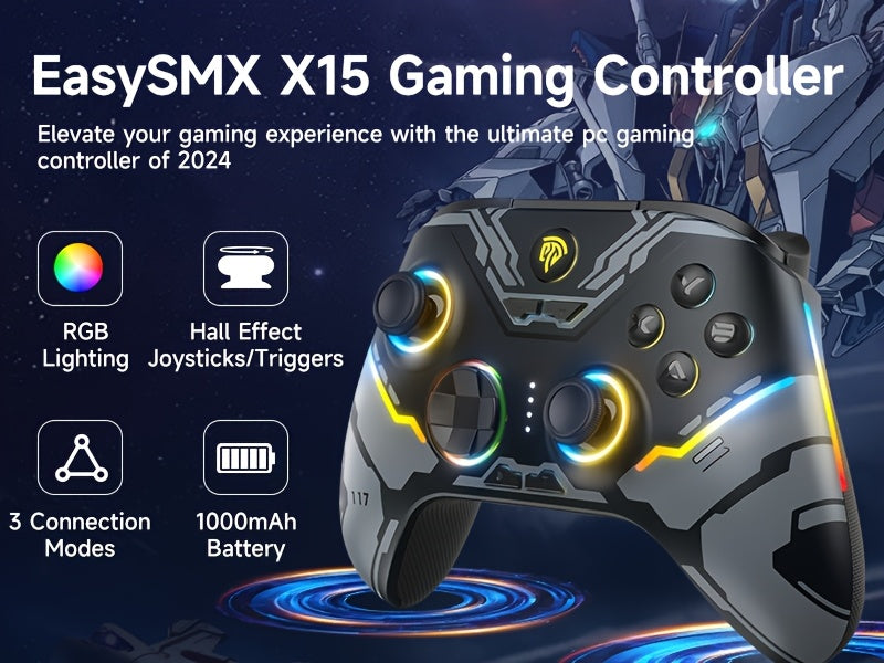 EasySMX X15 Wireless PC Controller - Gamepad Video Game Controller with Hall Joystick/Hall Trigger/RGB Lighting Enhanced Wireless Wireless Controller - No Drift, Compatible with Windows PC, for Android, Steam and for Switch