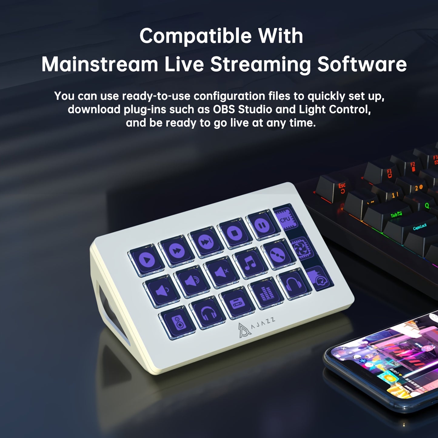 AJAZZ Live Streaming Control Console AKP153E Desktop Assistant Control Panel Controller for Stock Trading Live Streaming, Programmable Shortcut Keyboard with 15 Keys - Flow Controller, 15 Macro Keys to Trigger Actions in Appl