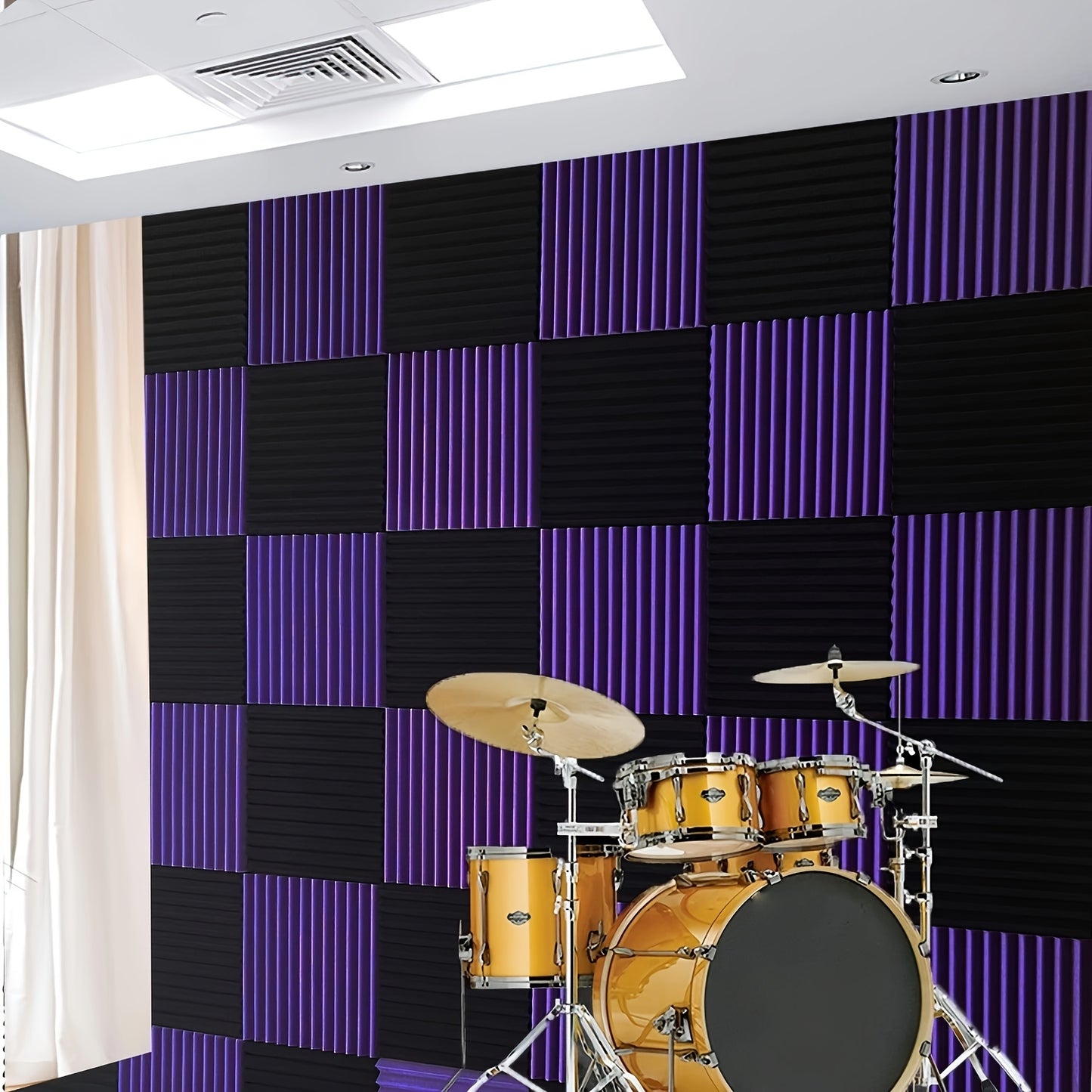 48pcs Black & Purple Acoustic Wedge Panels - 30.48cm x 30.48cm x 2.54cm Sound Absorbing Wall Tiles for Studio Recording, Home Theater Decor