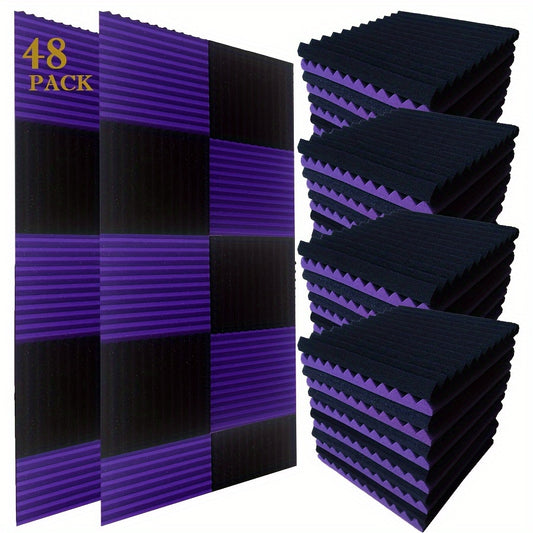 48pcs Black & Purple Acoustic Wedge Panels - 30.48cm x 30.48cm x 2.54cm Sound Absorbing Wall Tiles for Studio Recording, Home Theater Decor